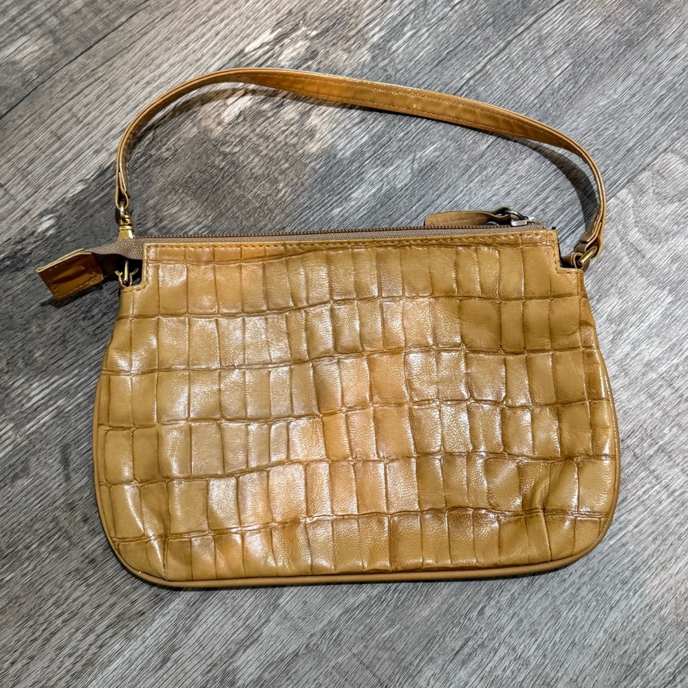 Camel leather embossed wristlet bag